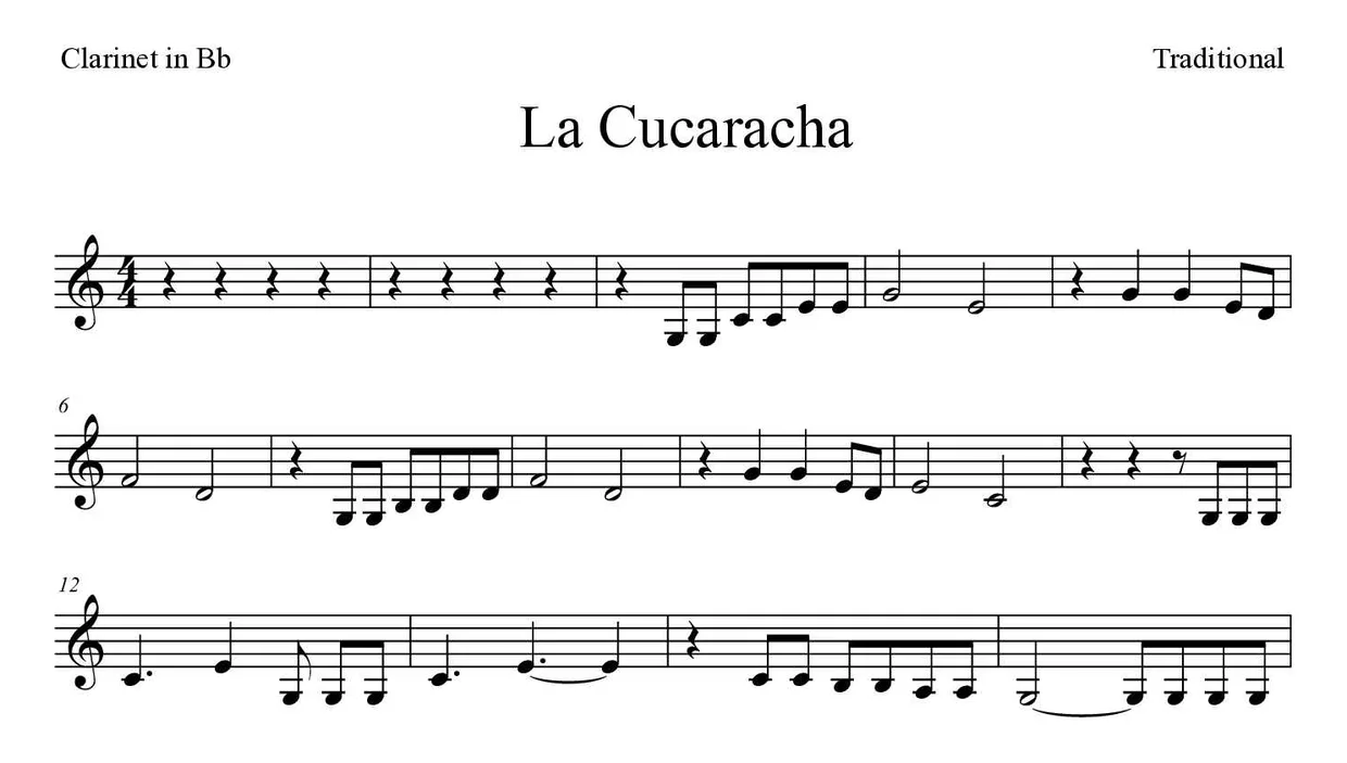 Partitura de La Cucaracha para clarinete, primeras líneas