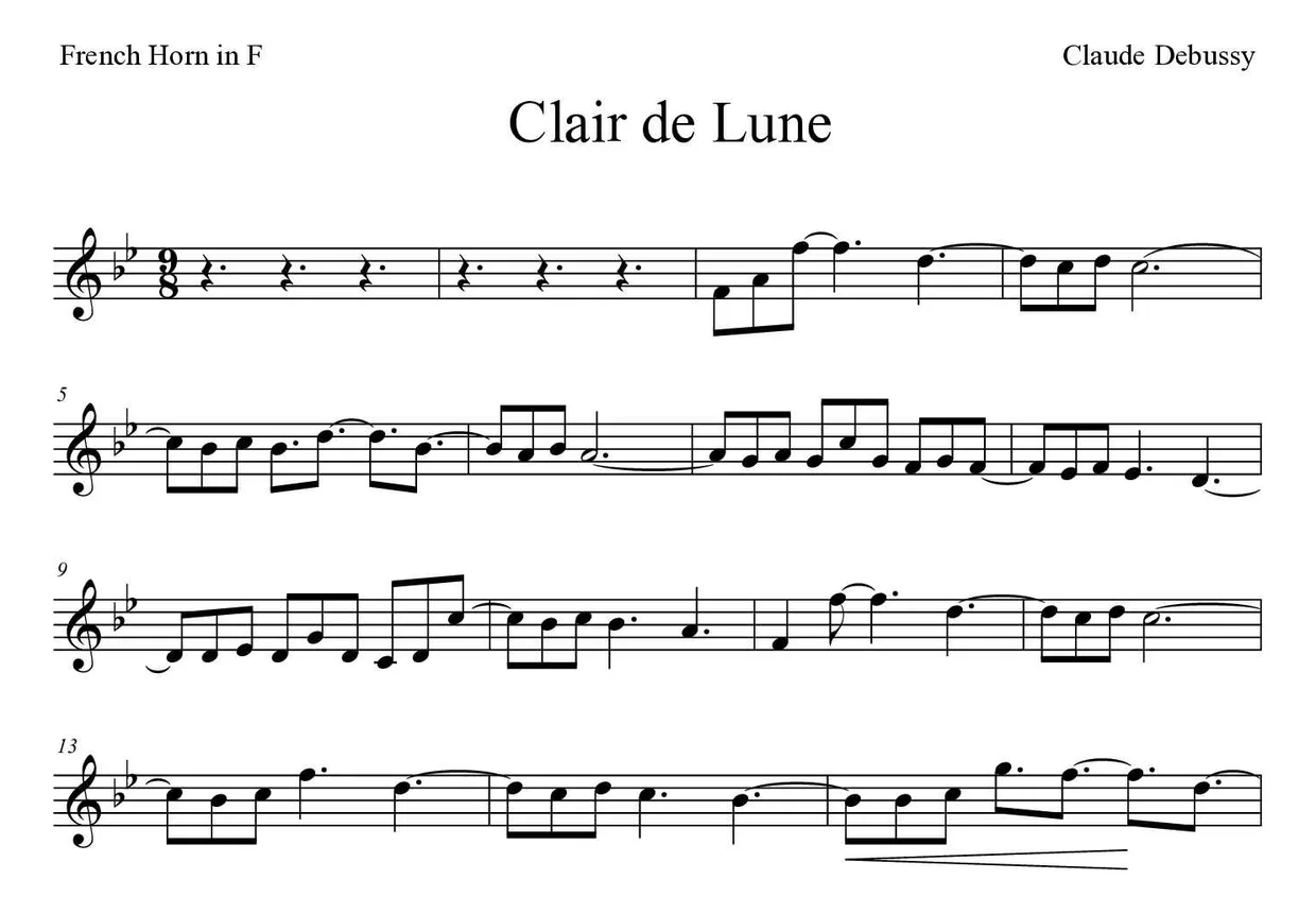 Partitura de Clair de Lune para trompa, primeras líneas