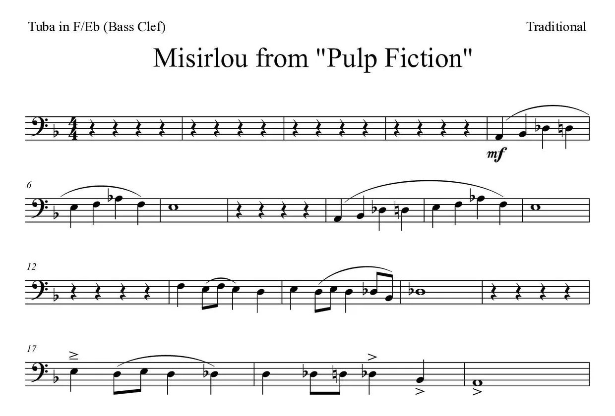 《Misirlou》 选自电影 《黑色追緝令》F/Eb大号(低音谱号)乐谱前几行