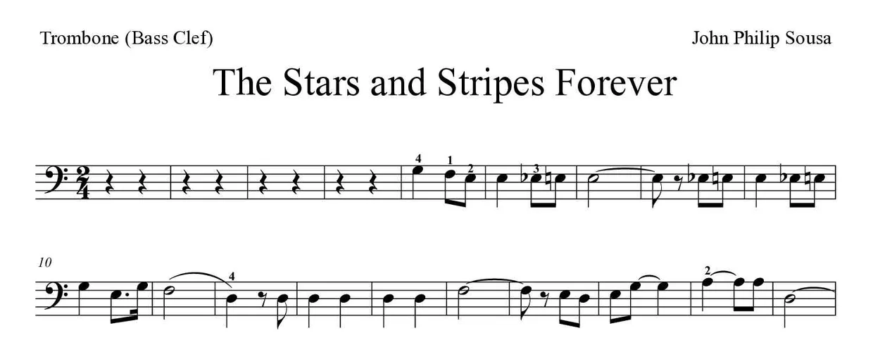 Partitura de The Stars and Stripes Forever para trombón, primeras líneas
