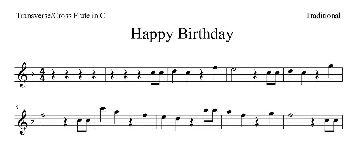 Noten von Happy Birthday für Querflöte (Mittel), erste Zeilen