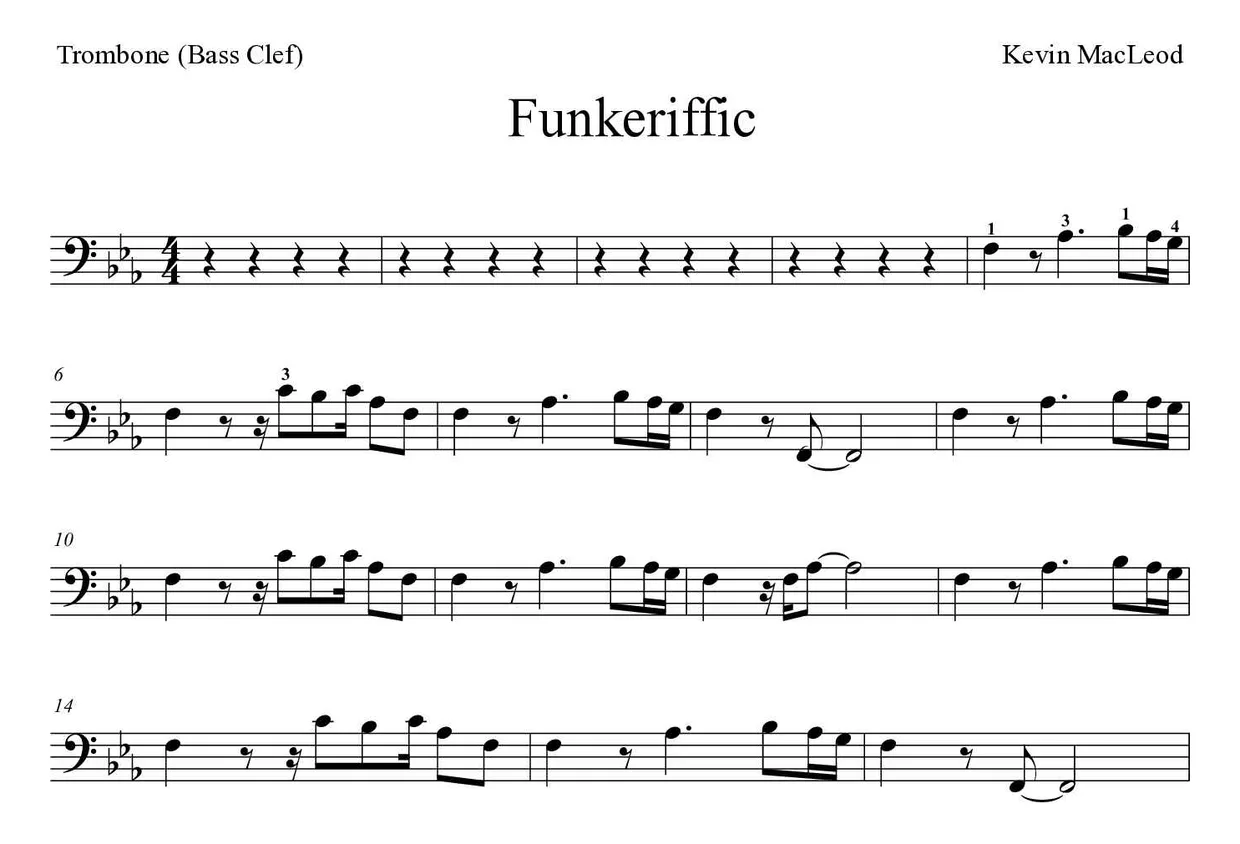 Sheet music of Funkeriffic for trombone (Expert), first lines