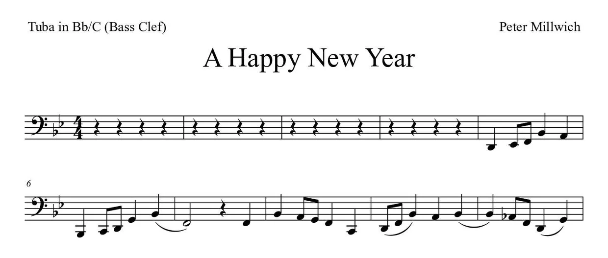 《A Happy New Year》降B/C调大号（低音谱号）乐谱前几行