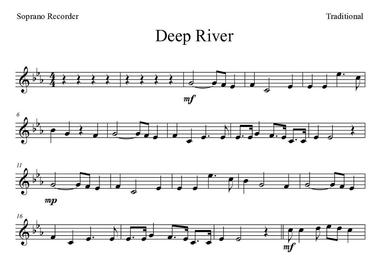 ‘Deep River’ Recorder 악보의 첫 몇 줄