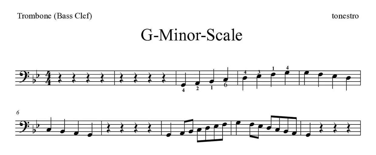 Partitura de G-Minor-Scale para trombone, primeiras linhas