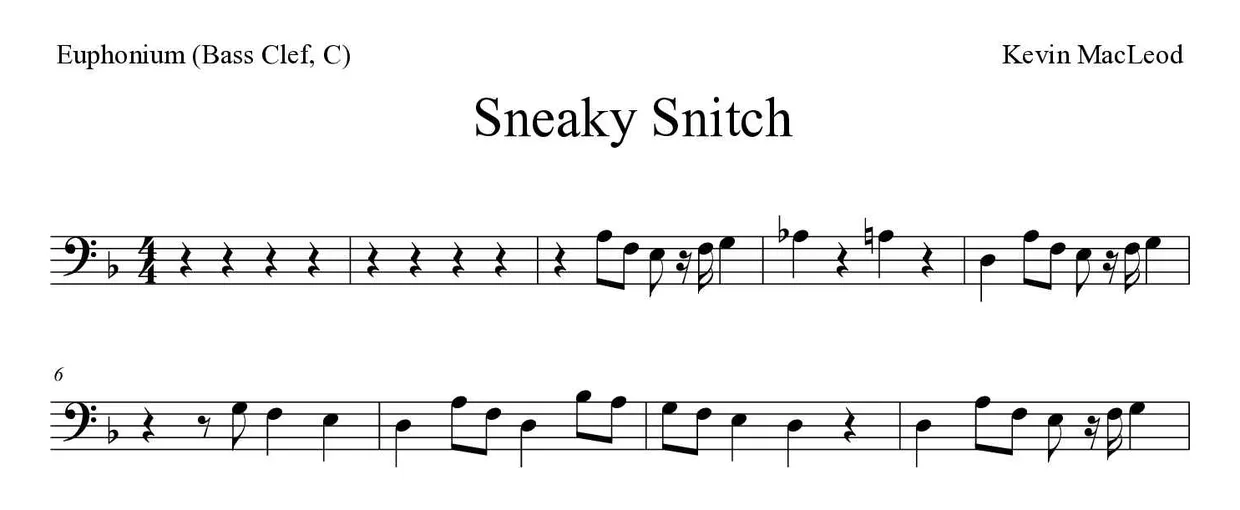 Partition de Sneaky Snitch pour euphonium (clé de fa, do), premières lignes