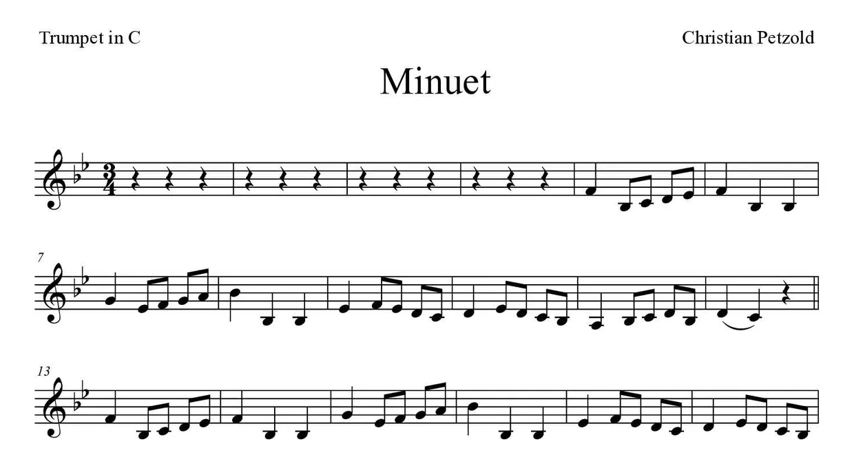 Spartito di Minuet per trumpet in C, prime righe