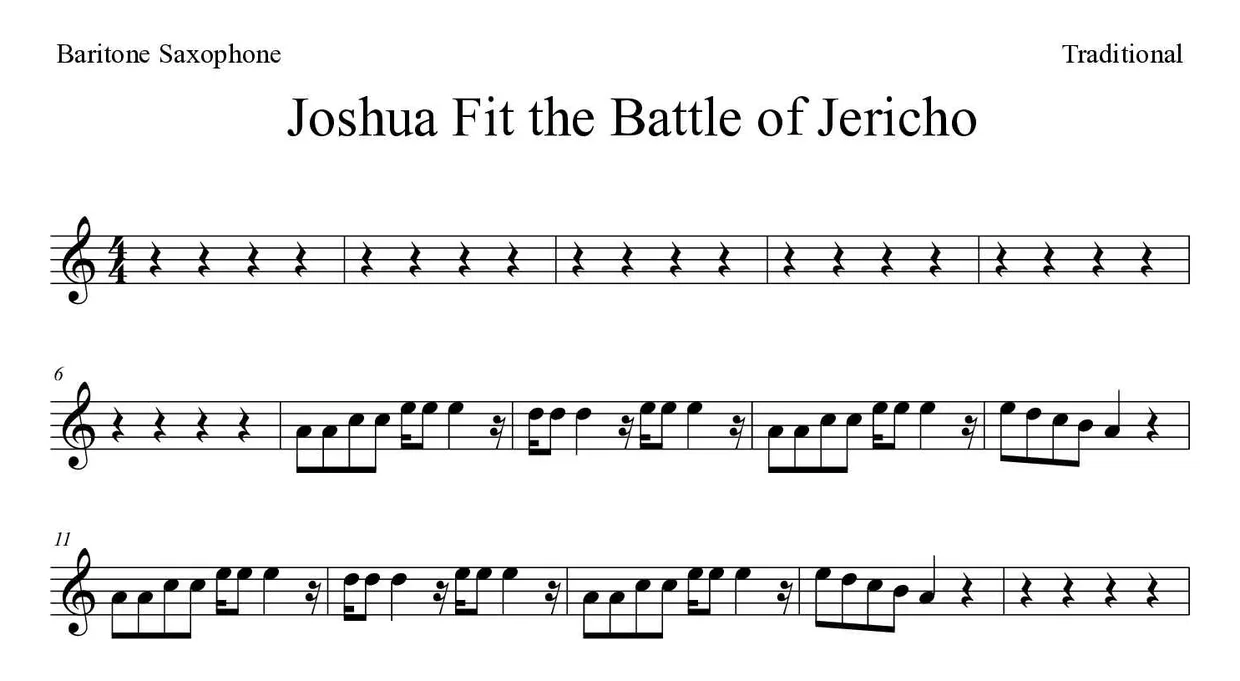 「Joshua Fit the Battle of Jericho」Baritone Saxophone用楽譜の最初の数段