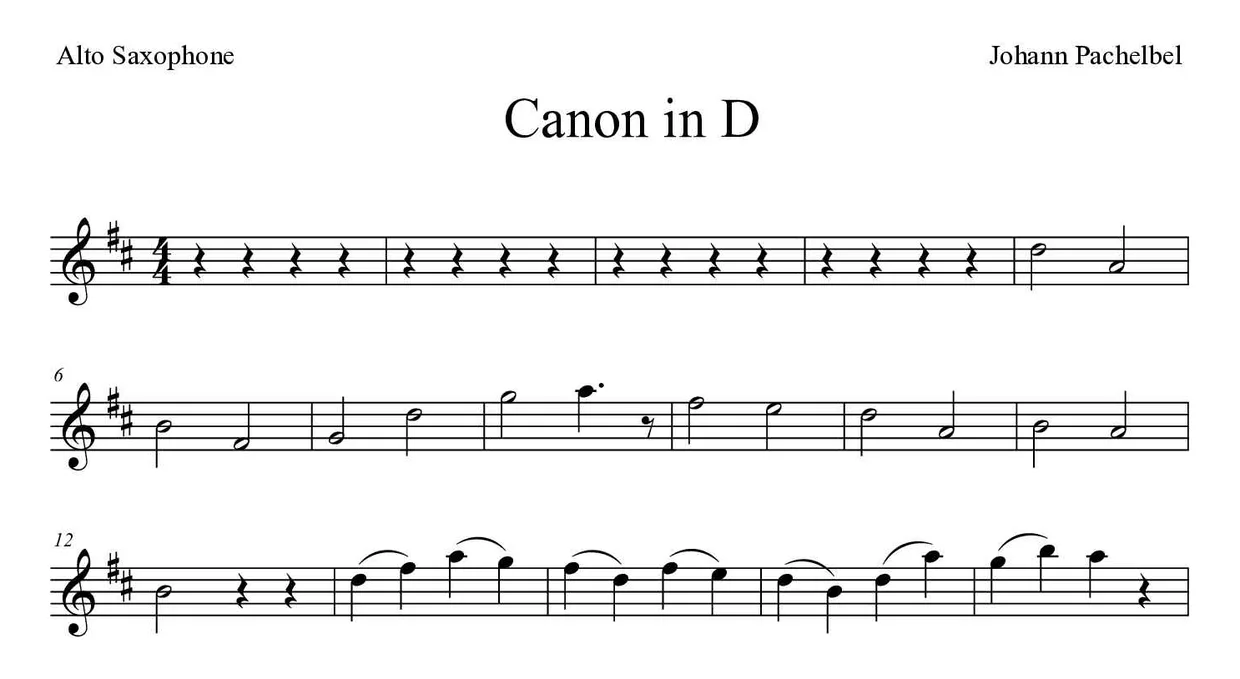 Sheet music of Canon in D for alto saxophone (Medium), first lines