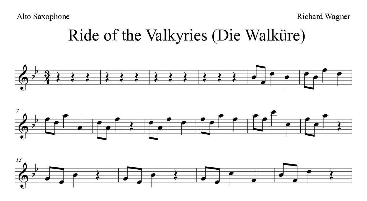 「Ride of the Valkyries (Die Walküre)」Alto Saxophone用楽譜の最初の数段