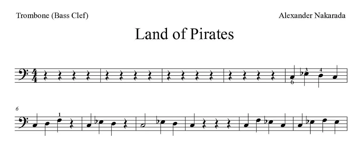 ‘Land of Pirates’ Trombone 악보의 첫 몇 줄