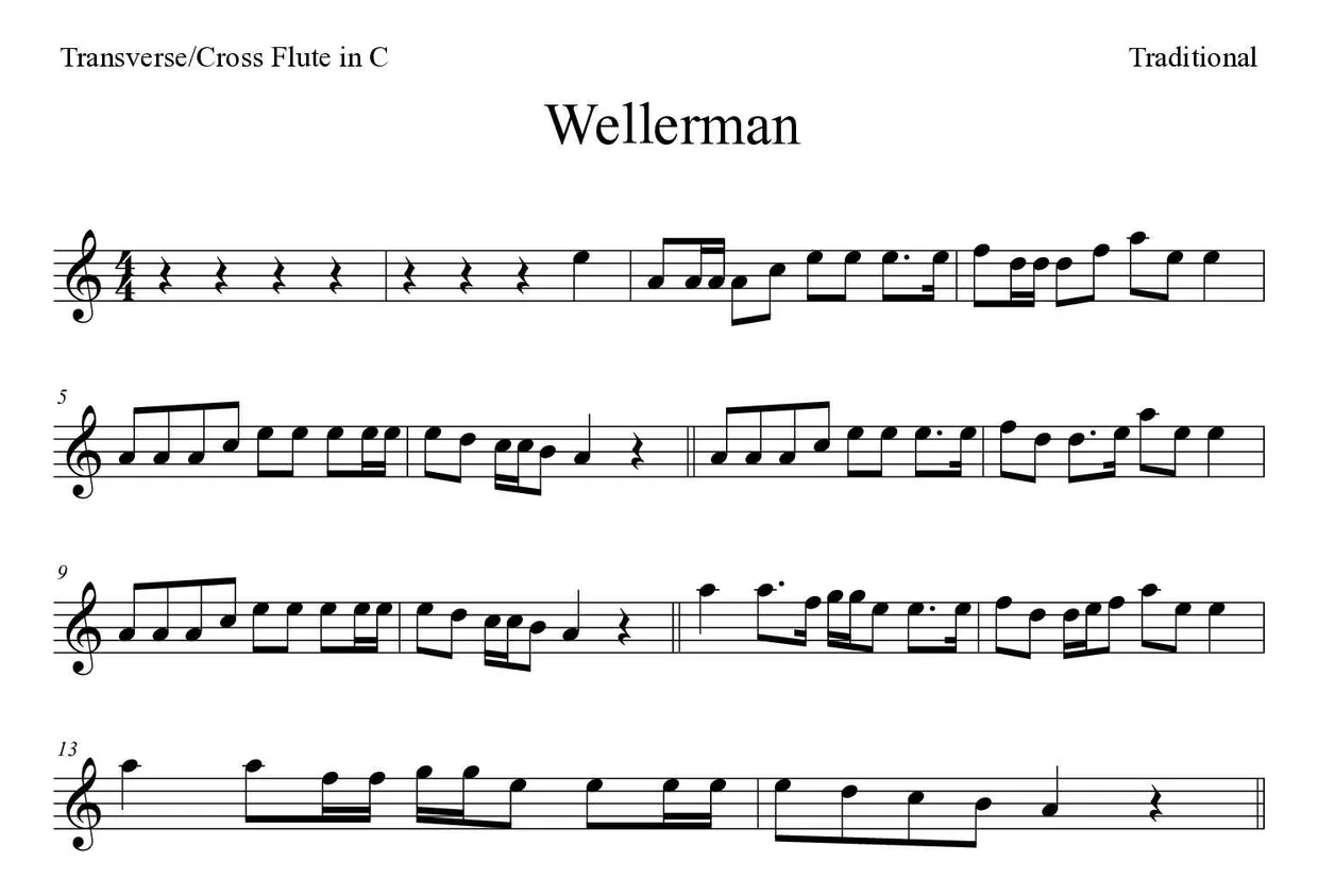 Noten von Wellerman für Querflöte (Experte), erste Zeilen