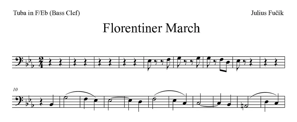 ‘Florentiner March’ Tuba in F/Eb (Bass Clef) 악보의 첫 몇 줄