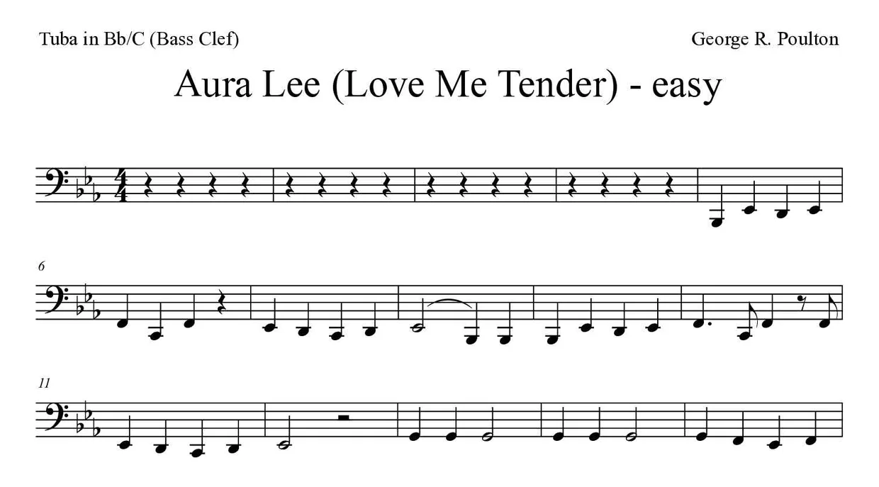 Noten von Aura Lee für Tuba in B/C (Bassschlüssel) (Einfach), erste Zeilen