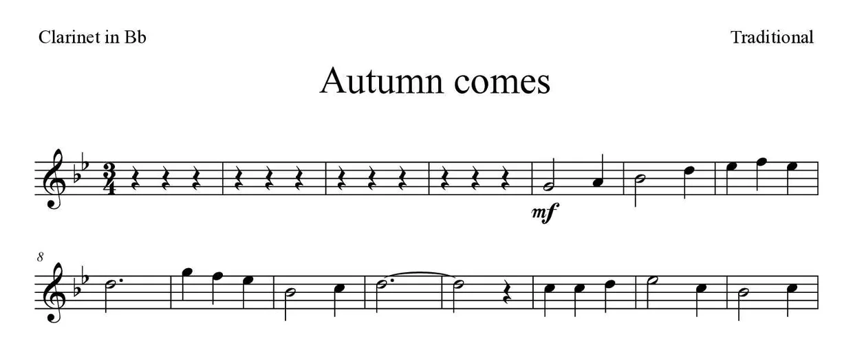 Partition de Autumn comes pour clarinette, premières lignes