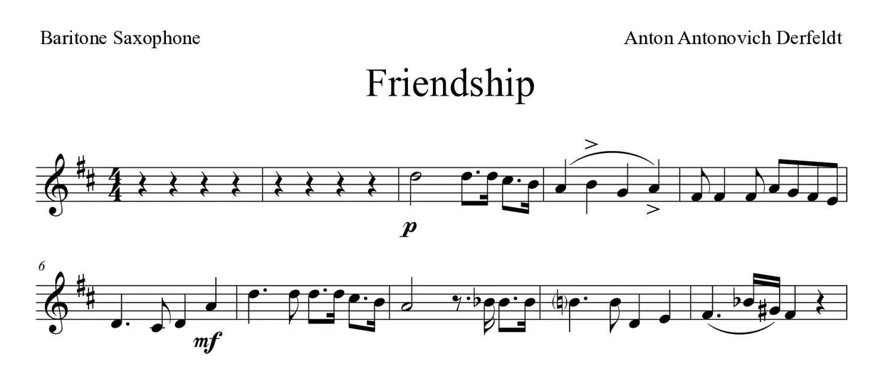 Partition de Friendship pour saxophone baryton, premières lignes