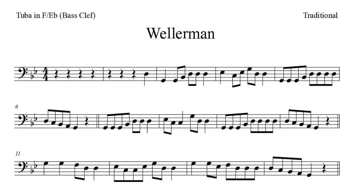 Sheet music of Wellerman for tuba in F/Eb (bass clef) (Medium), first lines
