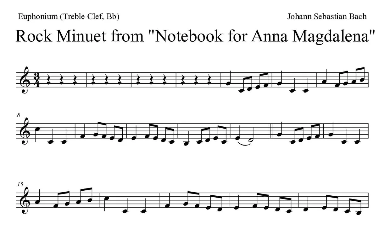 ‘Rock Minuet from "Notebook for Anna Magdalena"’ Euphonium (Treble Clef, Bb) 악보의 첫 몇 줄