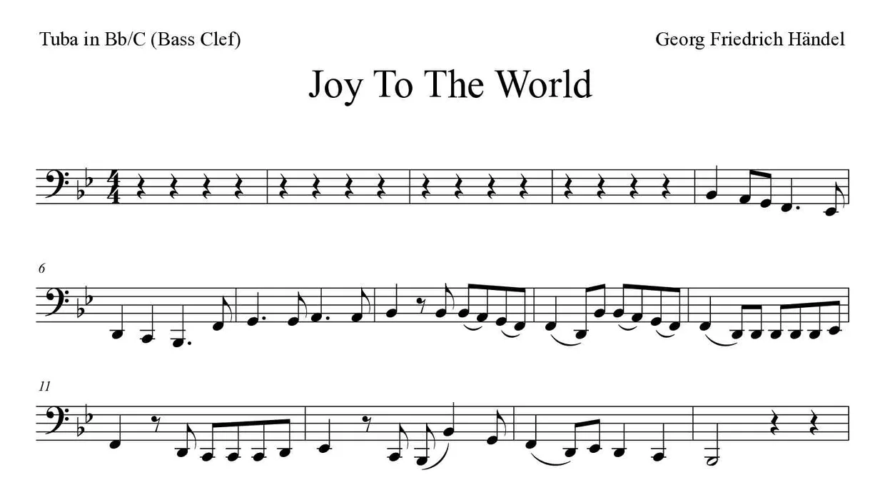 Sheet music of Joy to the World for tuba in Bb/C (bass clef) (Easy), first lines