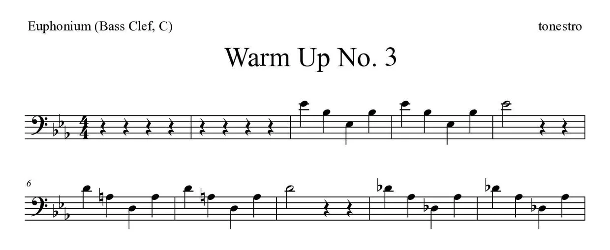 Spartito di Warm Up No. 3 per euphonium (bass clef, C), prime righe