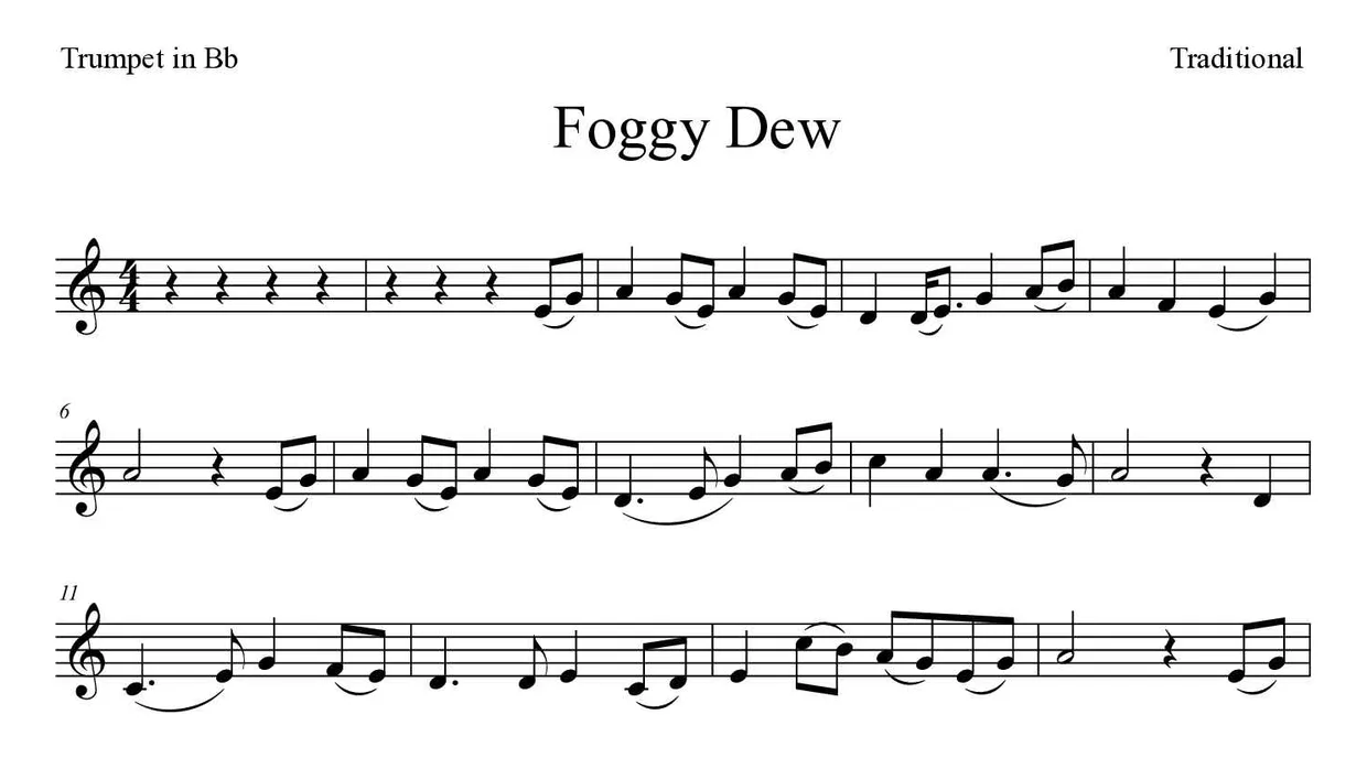 Partitura de Foggy Dew para trompeta en Sib, primeras líneas
