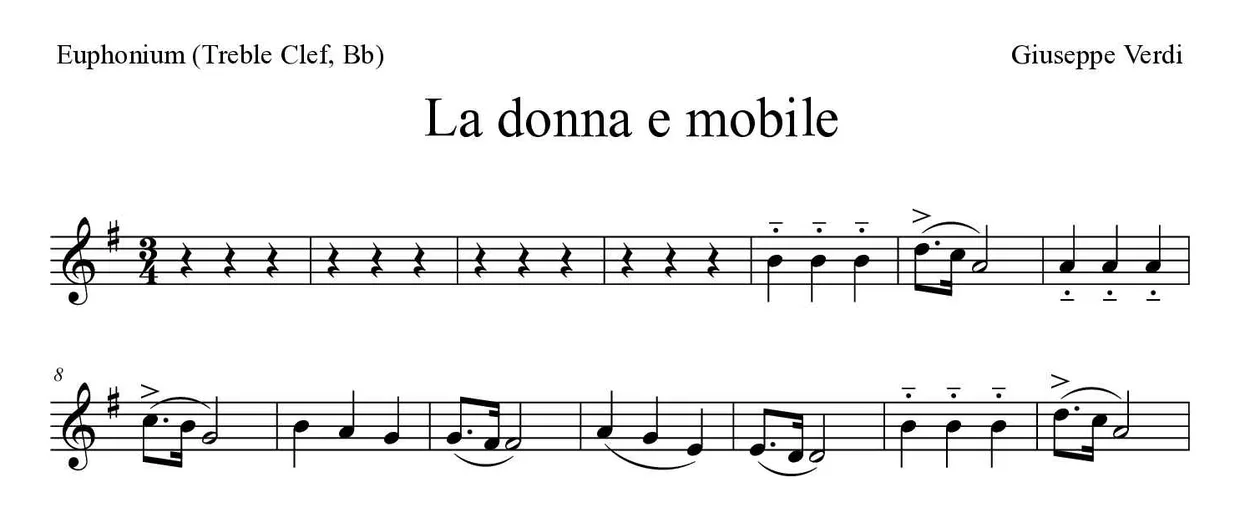Sheet music of La donna e mobile for euphonium (treble clef, Bb) (Medium), first lines