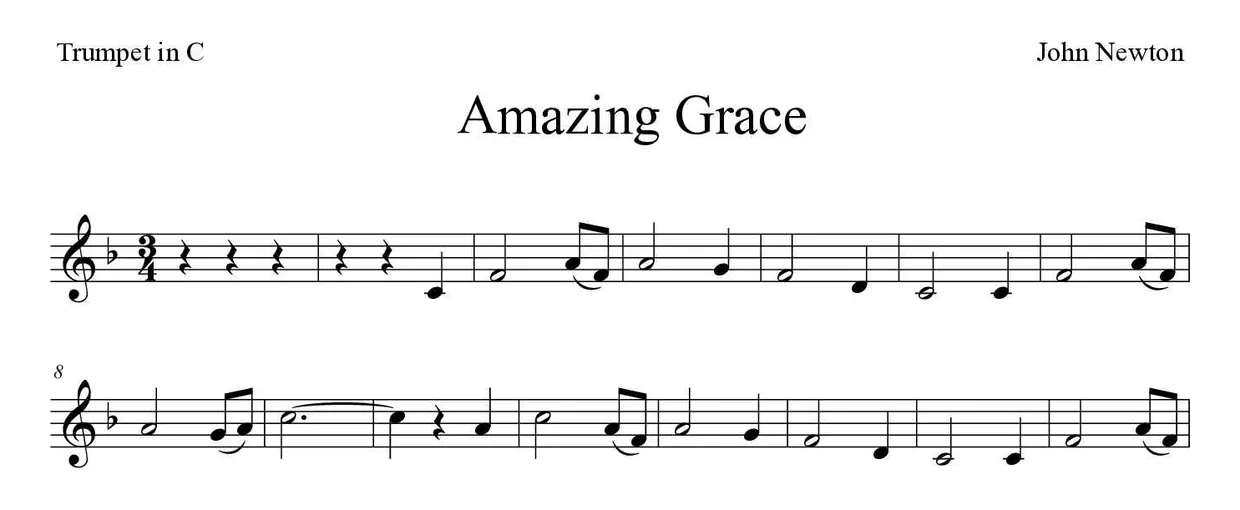 Noten von Amazing Grace für Trompete in C (Einfach), erste Zeilen