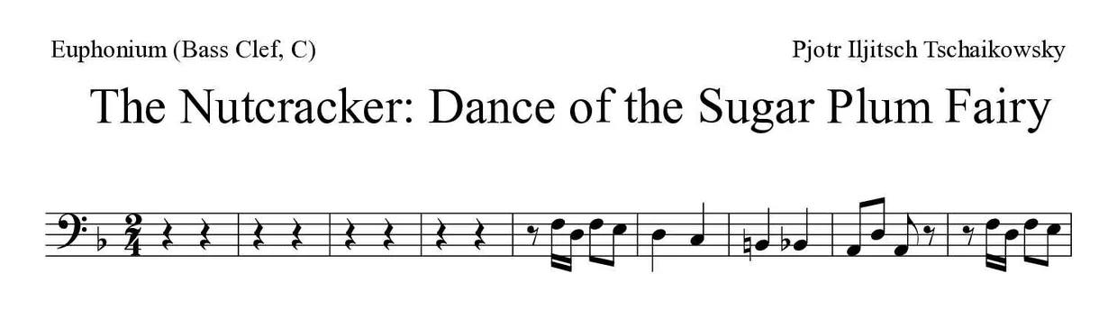 Partitura de The Nutcracker: Dance of the Sugar Plum Fairy para eufónio (clave de Fa, C), primeiras linhas