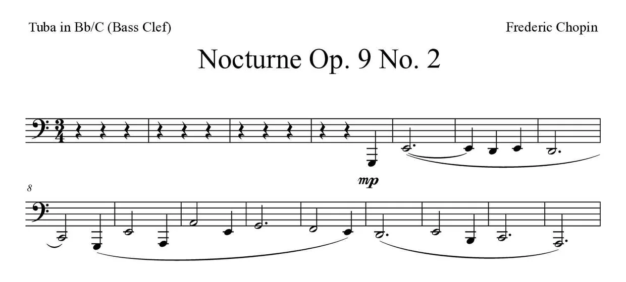 《Nocturne Op. 9 No. 2》降B/C调大号（低音谱号）乐谱前几行