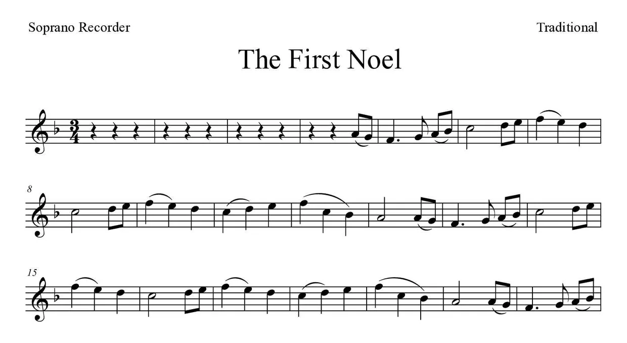 Partitura de The First Noel para flauta dulce, primeras líneas