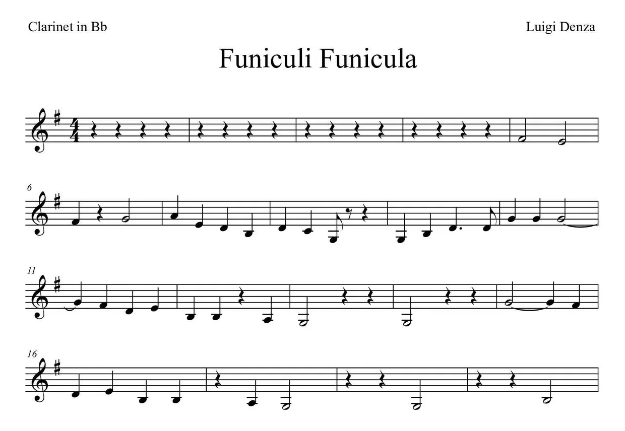 Partitura de Funiculì, Funiculà para clarinete, primeras líneas