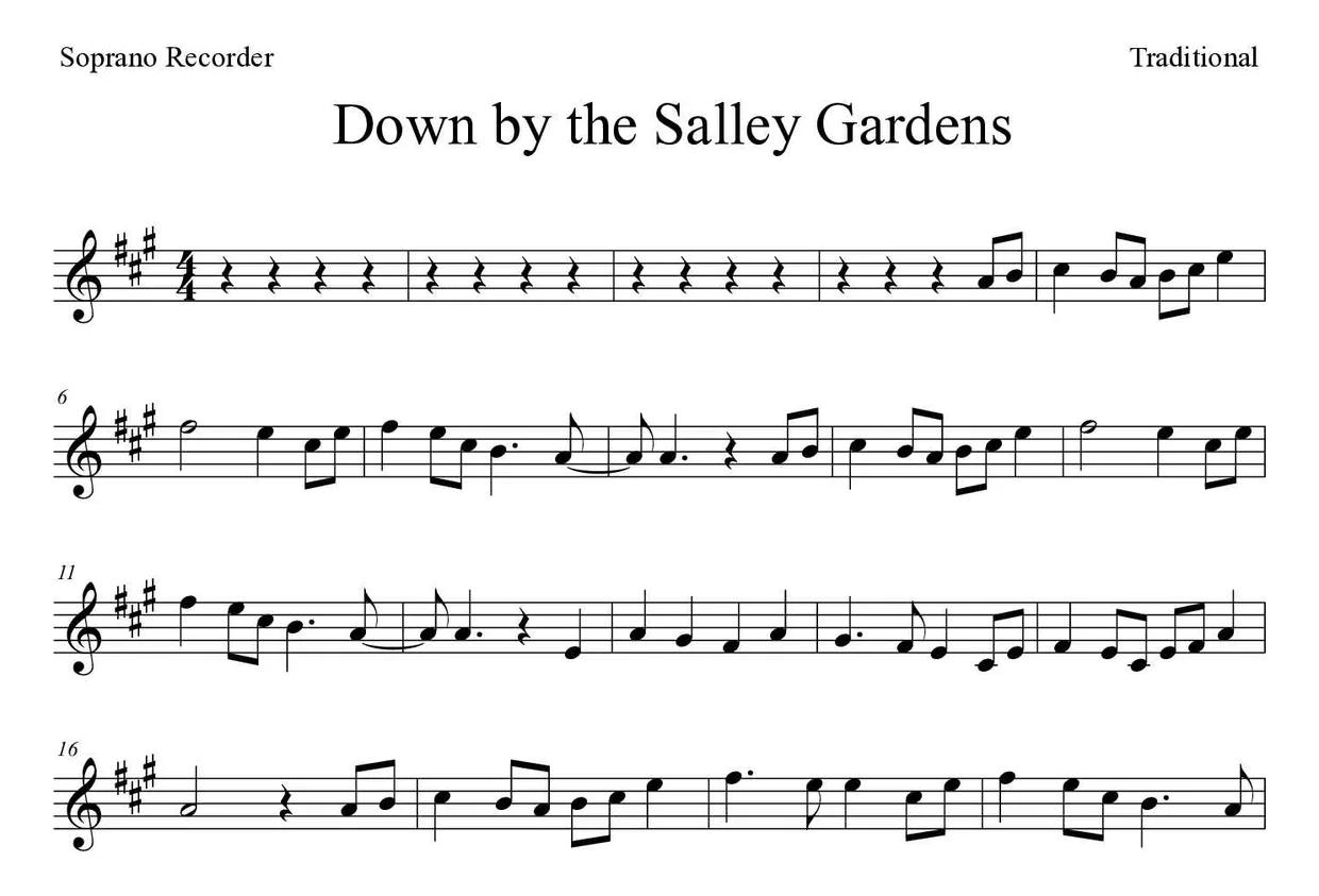 Partition de Down by the Salley Gardens pour flûte à bec, premières lignes