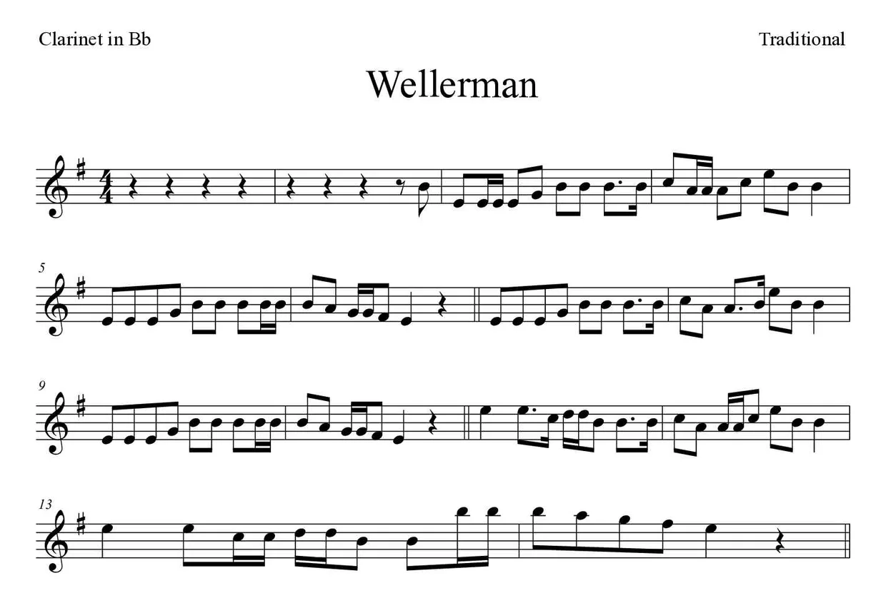 「Wellerman」Clarinet用楽譜の最初の数段