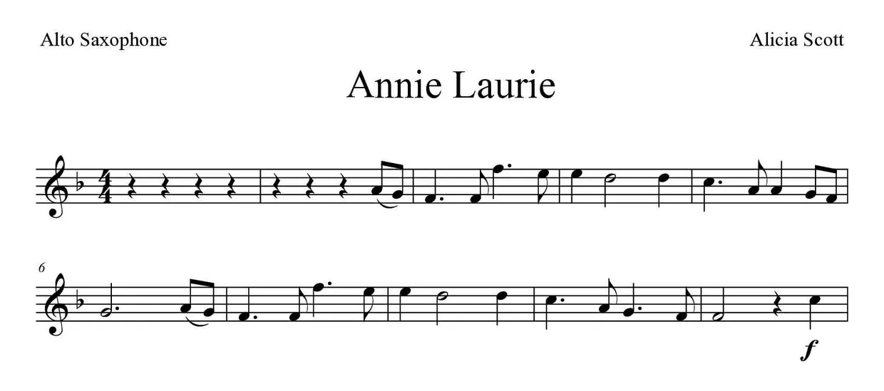 ‘Annie Laurie’ Alto Saxophone 악보의 첫 몇 줄