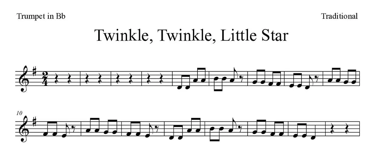 Spartito di Twinkle, Twinkle, Little Star per trumpet in Bb, prime righe