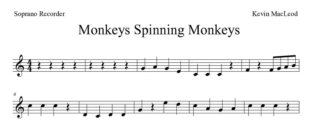 Partitura de Monkeys Spinning Monkeys para flauta de bisel, primeiras linhas