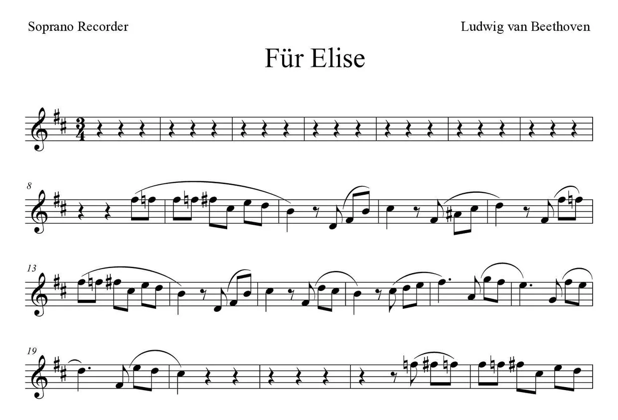 Partition de Für Elise pour flûte à bec, premières lignes