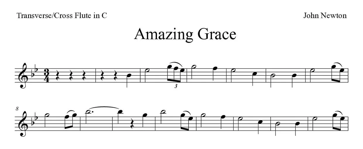 ‘Amazing Grace’ Flute 악보의 첫 몇 줄
