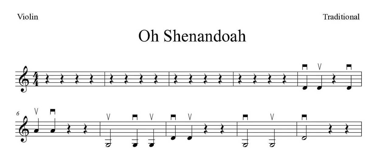 Partitura de Oh Shenandoah para violín, primeras líneas