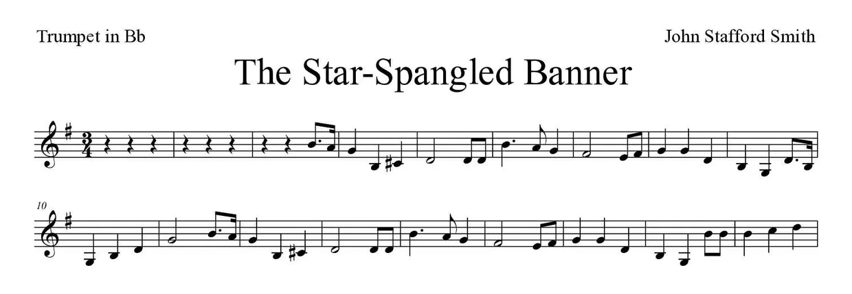 Partition de The Star-Spangled Banner pour trompette en si bémol, premières lignes
