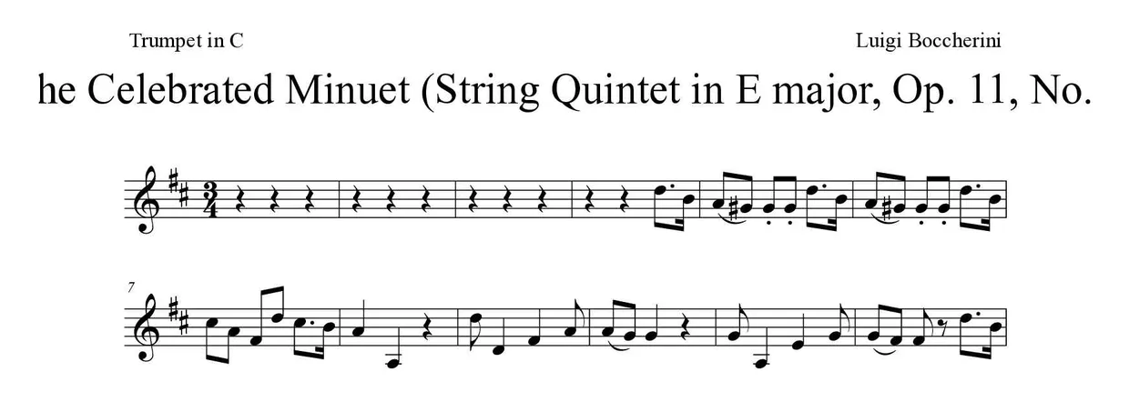 Partitura de The Celebrated Minuet (String Quintet in E major, Op. 11, No. 5) para trompete em Do, primeiras linhas