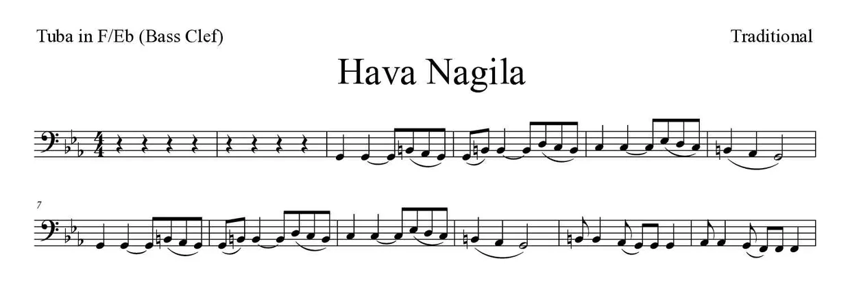 Noten von Hava Nagila für Tuba in F/Es (Bassschlüssel) (Schwer), erste Zeilen