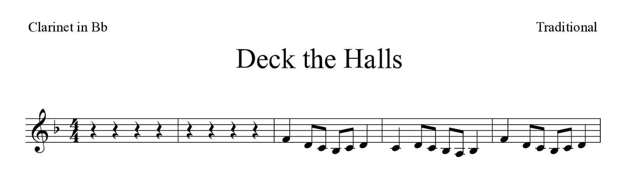 Partitura de Deck the Halls para clarinete, primeras líneas