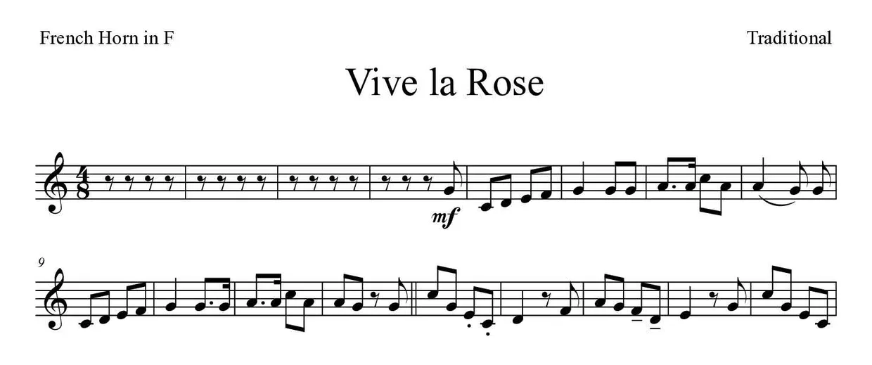 ‘Vive la Rose’ French Horn 악보의 첫 몇 줄