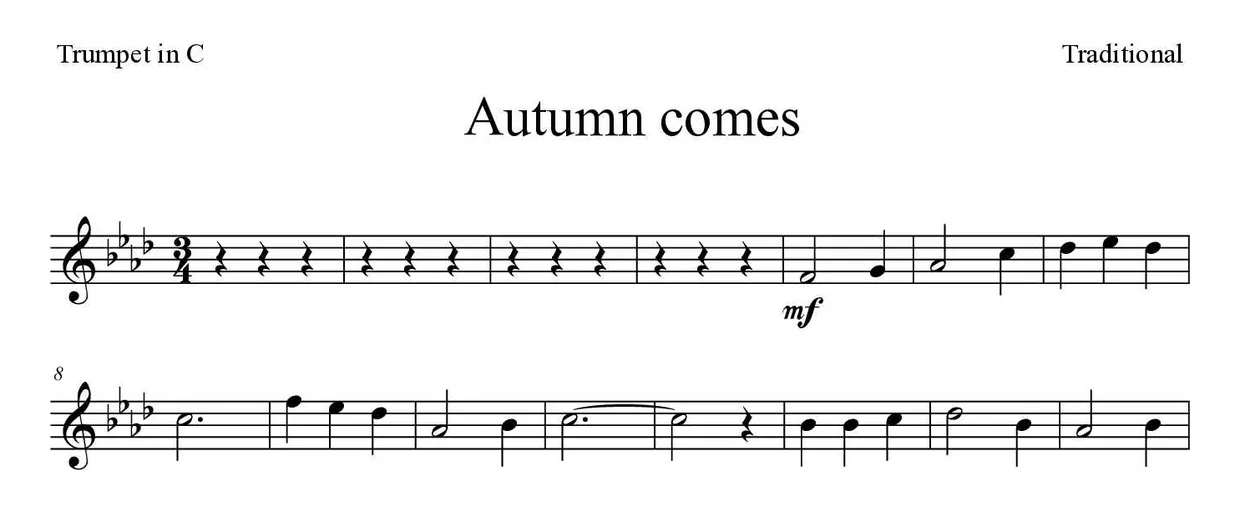 Noten von Autumn comes für Trompete in C (Schwer), erste Zeilen