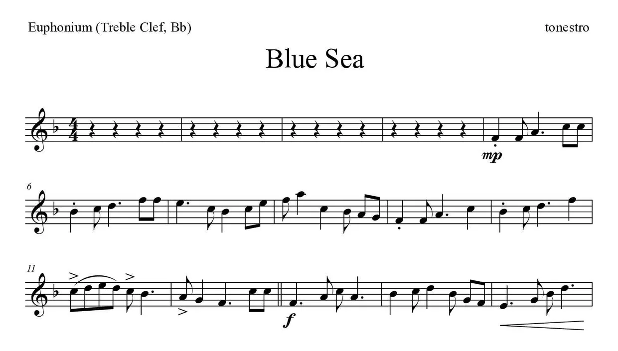 《Blue Sea》上低音号（高音谱号，降B调）乐谱前几行