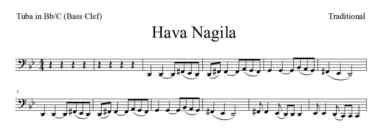 Partition de Hava Nagila pour tuba en si bémol/do (clé de fa), premières lignes