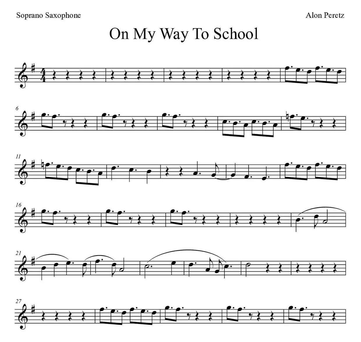 Partitura de On My Way To School para saxofón soprano, primeras líneas