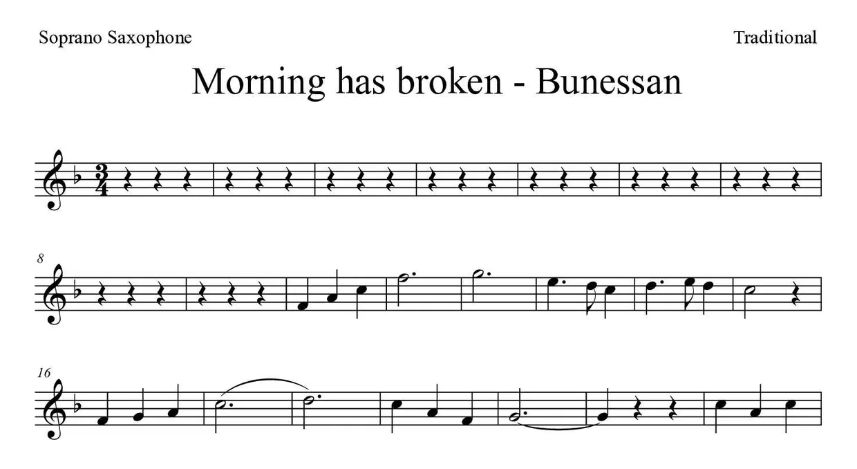 Sheet music of Morning has broken - Bunessan  for soprano saxophone (Easy), first lines