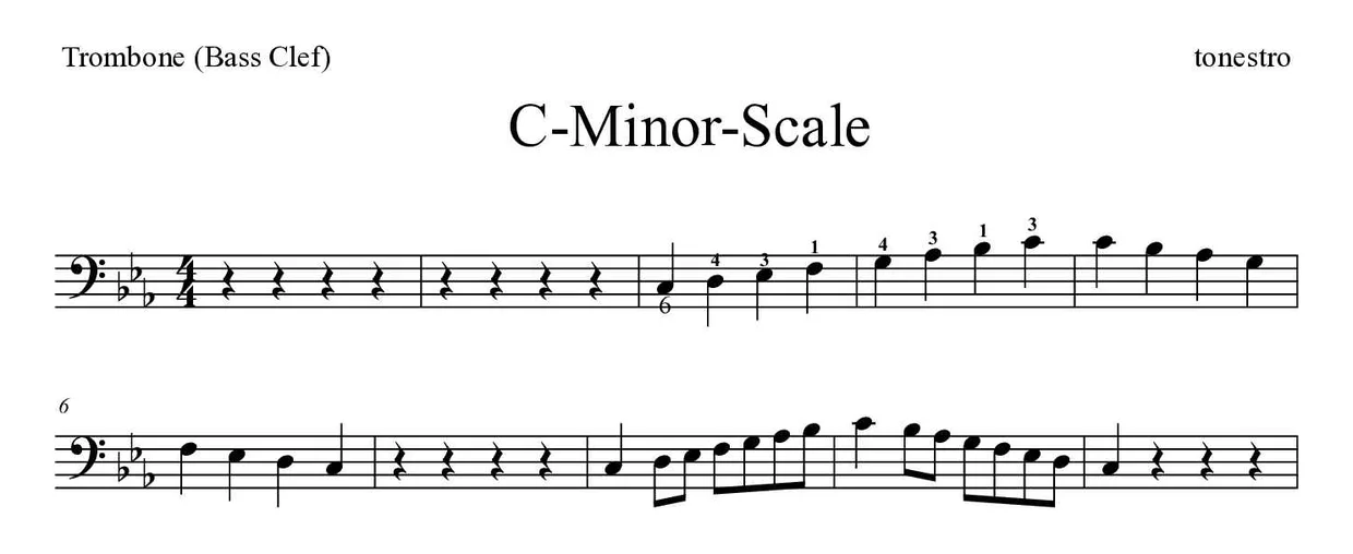 「C-Minor-Scale」Trombone用楽譜の最初の数段